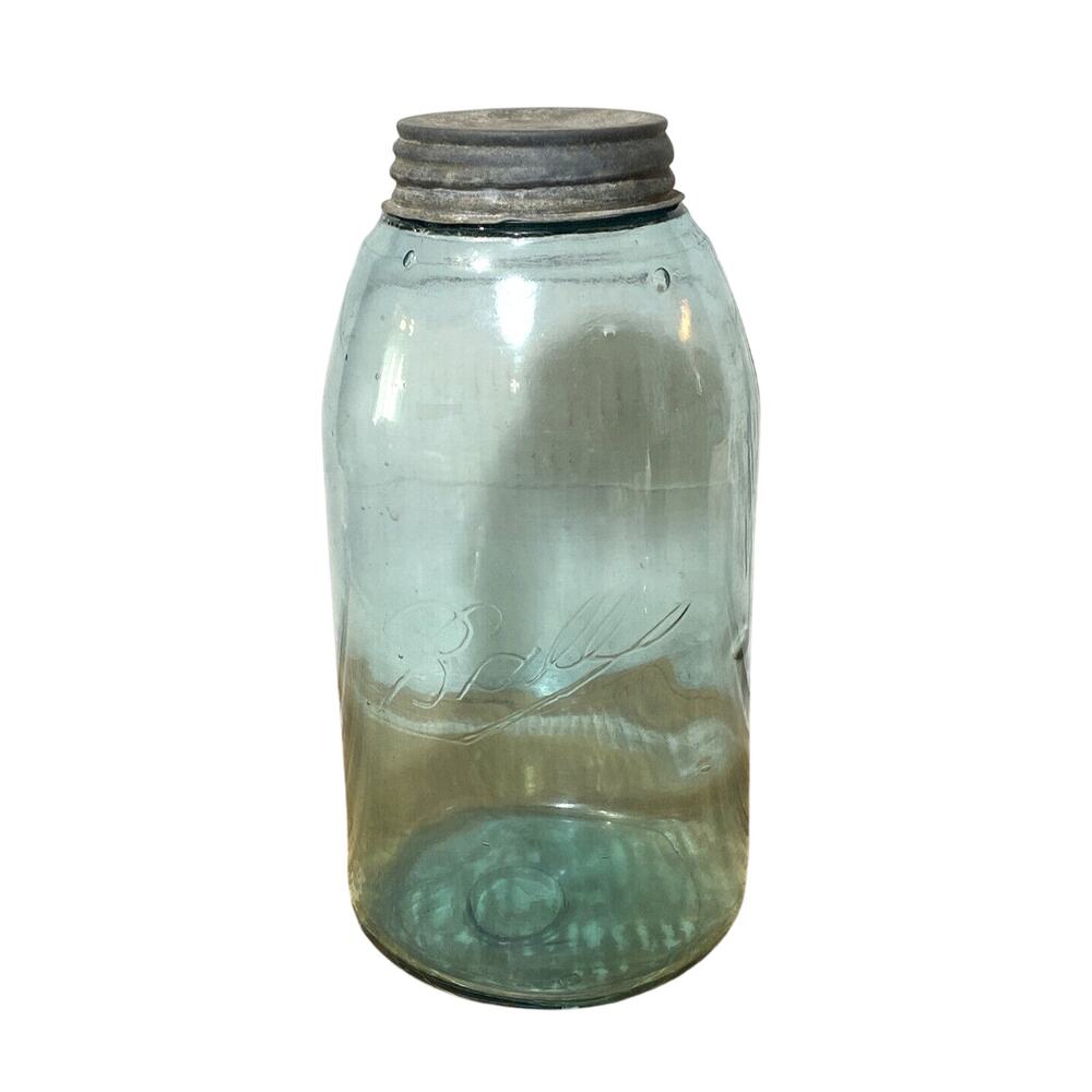 Antique c1900 Blue Ball Mason Jar Aqua Glass Zinc Lid Bubbles 9" Early 1900s